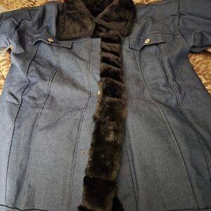 Women's Blue Jean Jacket with Faux Fur Trim
